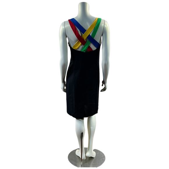 0s ACT I Black Linen Dress Rainbow Strappy Back Detail Cocktail Dress Size S/M - Picture 1 of 16